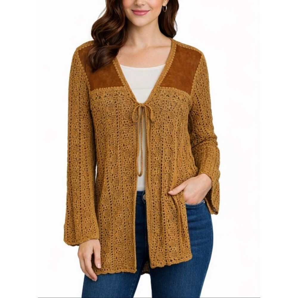 Robert Louis genuine suede hand crochet knit open tie front cardigan M